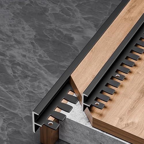 Borde flexible en forma de F que protege los peldaños laminados de parquet y azulejos y elegante cubierta de nariz de escalera, ideal para renovación y seguridad del hogar.