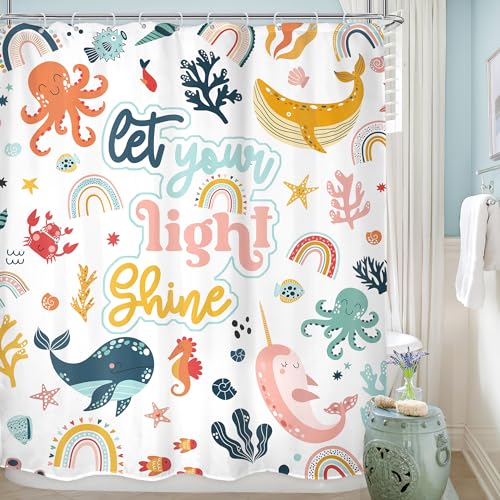 LGhtyro Kids Ocean Quotes Shower Curtain Bathroom Set 60Wx71H Inches Whale Rainbow Let Your Light Shine Animals Fish Octopus Sealife Bath Accessories Inspirational Art Home Decor Fabric 12 Pack Hooks