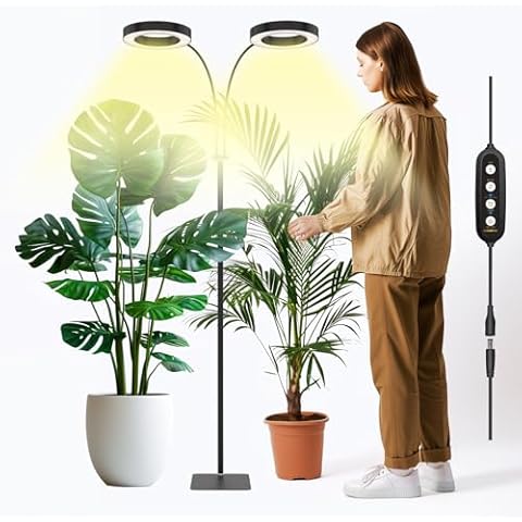 GLOWRIUM Indoor Grow Light, 40 Watt Full Spectrum LED Plant Growth Light with Stand, Adjustable Height with Timer 3/9/12 hrs, Black LED Plant Lamp Cover