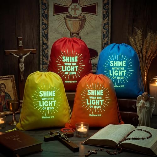 Image of 12 Pcs Shine with The Light of Jesus Drawstring Backpacks Bulk