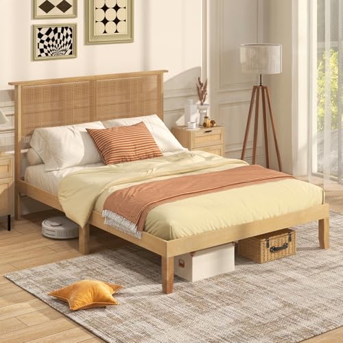Giantex Rattan Full Bed Frame with Rattan Headboard, Boho Solid Wood...
