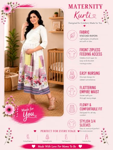 Image of RITIJYA Zipless Feeding Kurta Dress for Women | Maternity Nursing Kurti, No-Zip Easy Access | Extra Pleats Pre to Post Pregnancy | Quick-Dry Fabric | S-4XL