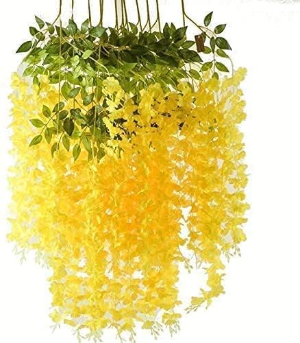 Image of 6 Pcs Artificial Polyester Hanging Flower Wisteria Vines Fake Flowers Vines for Home Party Wedding Garden Outdoor Greenery Decoration (6, Yellow)