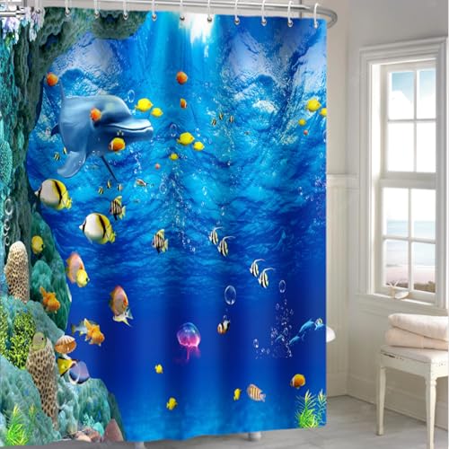 Yeele Fish Shower Curtains Under The Sea Blue Ocean Shower Curtain Set Waterproof Polyester Tropical Fishes Animals Bathrooms Decorations with Hooks,72x72in by Yeele - Used condition - Image 2