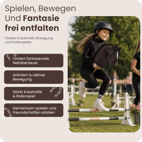 GaloppFreude® Hobby Horse Pferde Braunschecke – Großes A3 Steckenpferd mit Schraubstab & Trense – Hobby Horsing Pferd zum Reiten für Kinder & Stockpferd mit Langer Mähne – Inkl. Horse Zubehör