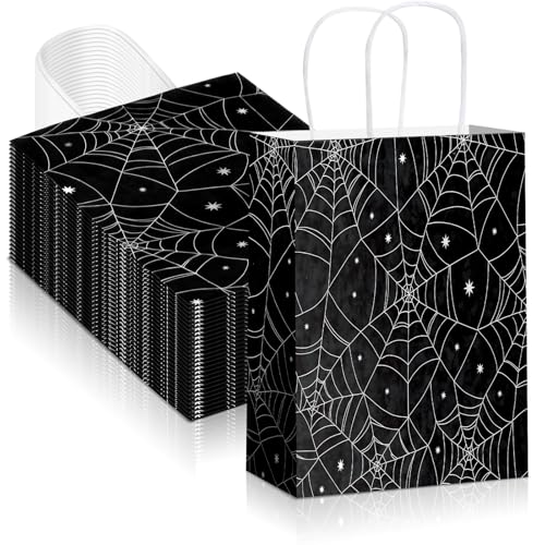 Chiisong 24 Pcs Halloween Spider Web Paper Gift Bags with Handles Medium Black Spider Party Favor Bags for Halloween Home Table Party Supplies