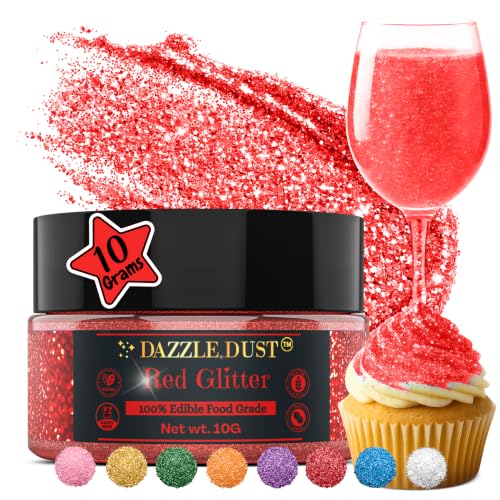 Dazzle Dust Edible Glitter Sprinkles for Cake Decorating, Drinks, Cookie, Icing, Dessert Decorations, Sparkly Luster, Food-Grade, Vegan, Gluten Free, Kosher, Bulk 10g, Red
