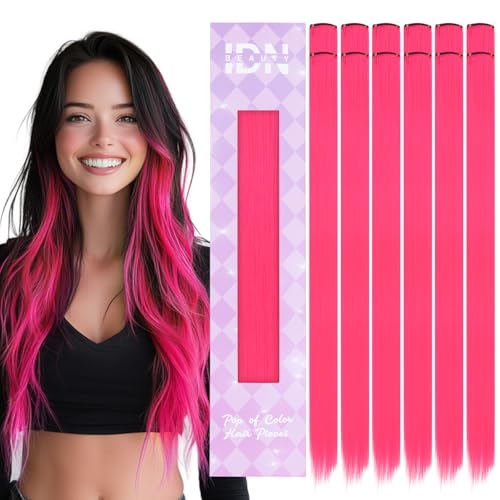 IDN BEAUTY Colored Clip in Hair Extension, 12PCS Hot Pink 24Inch Invisible Clip Straight Synthetic Hair Pieces for Women Kids Girls, Hair Accessories for Party Cosplay Travel Birthday Halloween