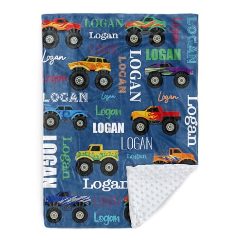 Custom Name Blanket - Personalized Flannel Bed Blanket with Double Layer Dotted Backing - Car Monster Truck Tractor Excavator Train with Multi-Fonts Name Design for Baby Kids Boys Girls Gifts Color08