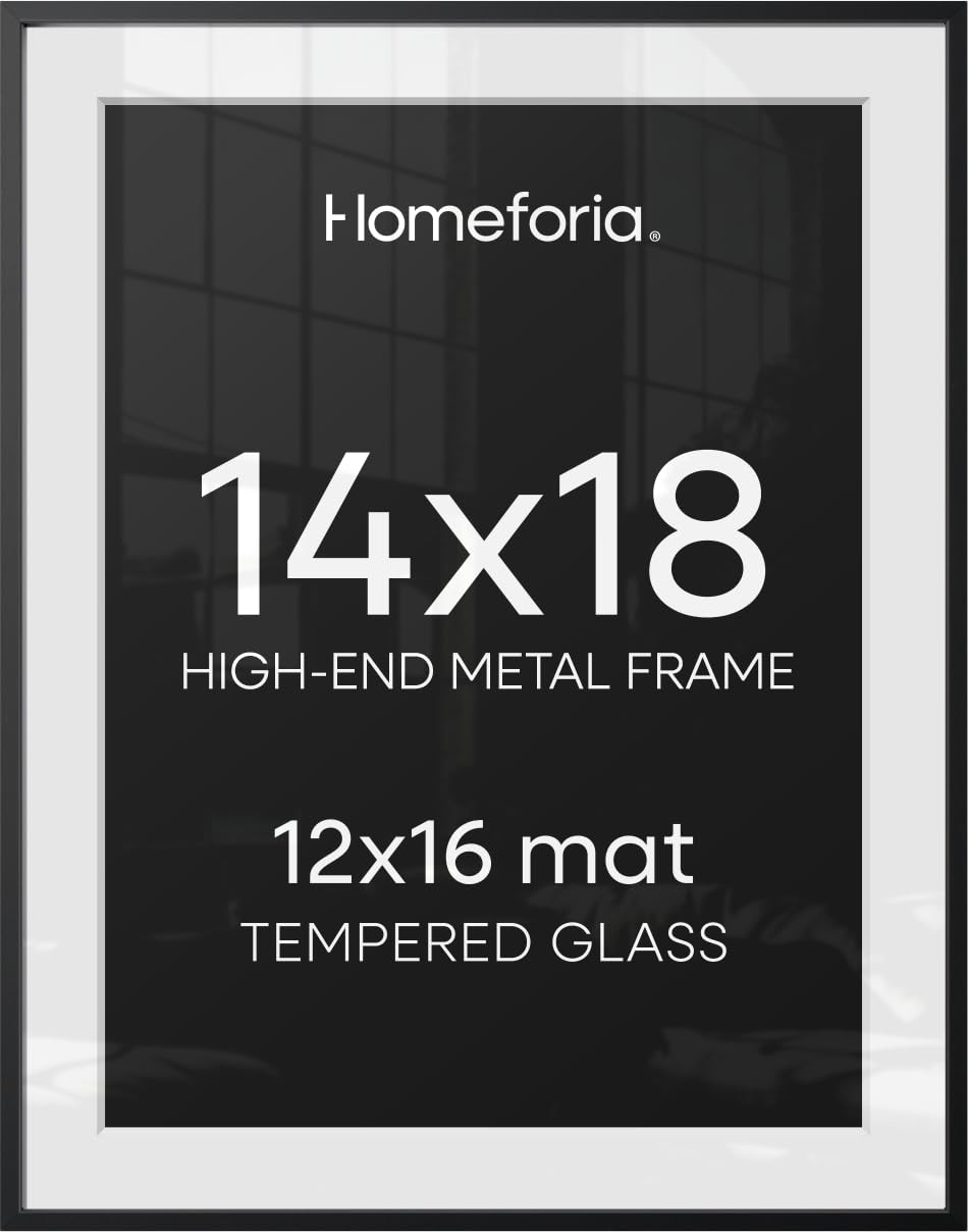 Homeforia 14x18 Black Picture Frame, High-End Metal, 12x16 Mat, Glass