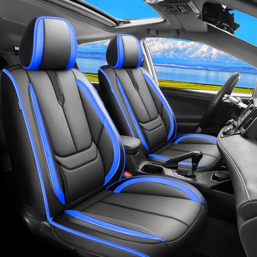 Image of Fit RAV4 Car Seat Covers for Toyota RAV4 2013-2018 LE,XLE,SE,Hybrid,Premium, Limited - Upgraded Premium Waterproof & Breathable Leather,All-Weather Seat Cushion Protector(Full Set,Black-Blue)