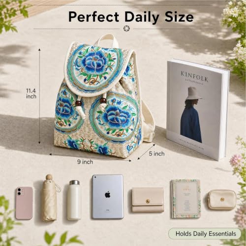 Image of Jursccu Embroidered Backpack Purse for Women Small Canvas Vintage Daypack