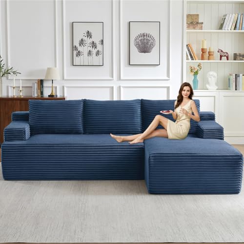 Image of 96.1 inch Modular Sectional Sofa Couches L-Shape Couch 3 Seat Modular Sofa Corduroy Memory Foam Sectional Boneless Couches for Living Room, Cloud Couch with Oversized Chaise(Blue, Right Facing)