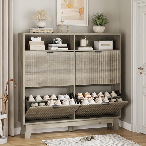 Xixini Shoe Cabinet with 4 Flip Drawers, 46" Tall Narrow Fluted Shoe Storage Organizer for Entryway, Hidden Slim Wooden Shoe Rack Cabinet for Front Door Entrance, Hallway, Living Room, Light Grey