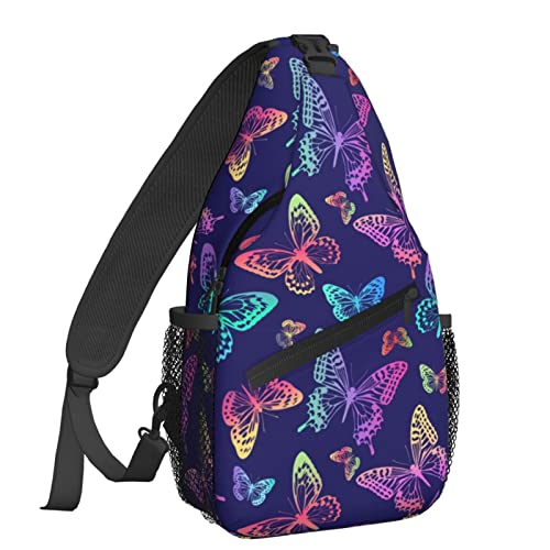 Famame Rainbow Butterflies On Blue Sling Backpack Chest Bag Crossbody Shoulder Bag Gym Cycling Travel Hiking Daypack For Men Women