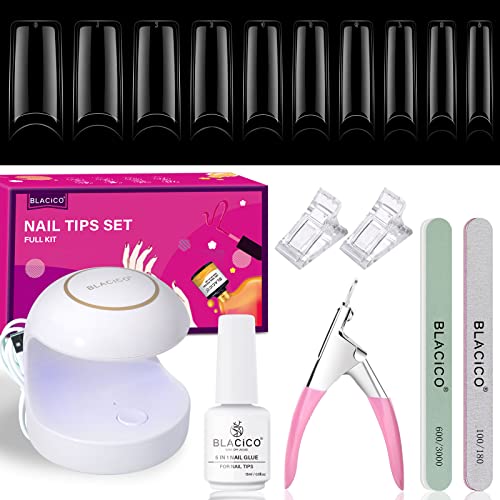 BLACICO Nail Tips and Glue Gel Nail Kit, 500pcs Half Cover Square Clear Gel Nail Tips with 5 in1 Gel Nail Glue and UV/LED Nail Lamp, Nail Art Tools Acrylic Nail Kit Easy DIY Extension Set Gift for Women