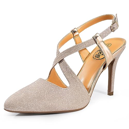 Trary Gold Heels for Women Pointed Toe Stiletto Heels Sandals Slingback Crisscross Strap 3.7 Inches Adjustable Buckle Women's Pumps Fashion Comfortable Dress Glitter Shoes for Party Prom Wedding