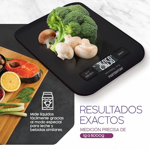 PORTENTUM Peso de Cocina con Pantalla LCD, Acero Inoxidable, Balanza cocina precisa de 1 gramo a 5 kg/11 lbs, Negro - imagen 3
