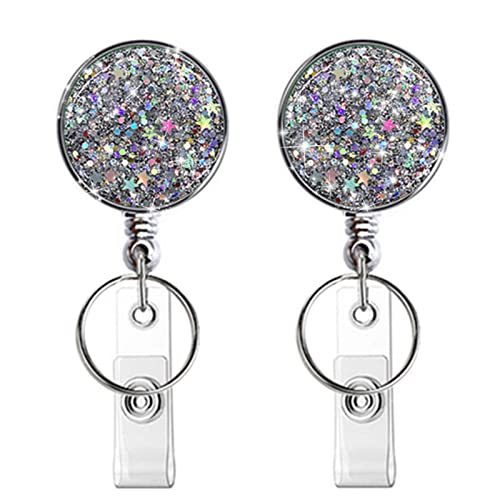 Retractable Badge Holder, Lightweight Plastic Badge Reel Retractable Card Holder with Key Ring Backing Belt Clip for Nurse,Volunteer,Teacher,Student,Office Worker (Glitter Silver 2pack)