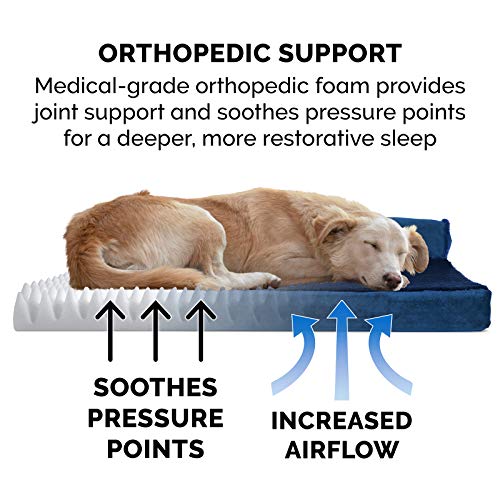 Image of Furhaven Orthopedic Dog Bed for Large /Medium Dogs w / Removable Bolsters & Washable Cover, For Dogs Up to 55 lbs - Plush & Velvet L Shaped Chaise - Deep Sapphire, Large