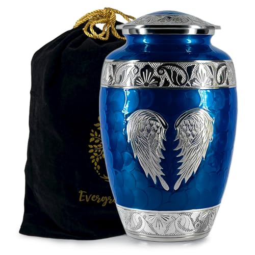 Image of Blue Cremation Urn for Adult Human Ashes Male and Female - Large Funeral Burial Urns with Angel Wings, Decorative Memorial Ash Holder