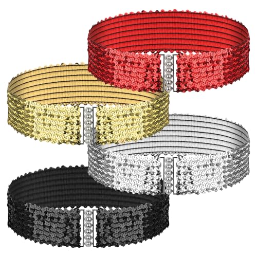 4 Pcs Glitter Sequin Belt, Wide Waist Elastic Belt Disco 70s 80s Metal Buckle Belts Clothing Accessories for Women Girl Bridal Dance Party Dresses Costume (Gold,Silver,Black,Red)