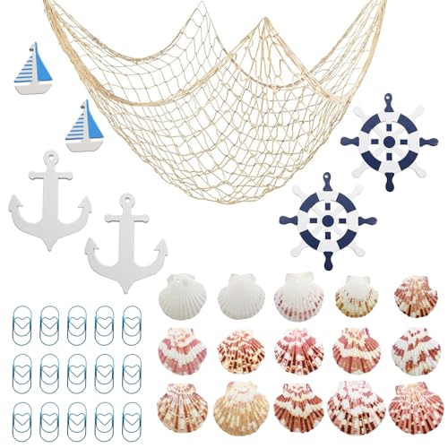 MIPIACE Filet Peche Decoratif 2x1.5M Filet de Peche Decoratif Décoration en Résille avec Coquilles Trombone Roue de Bateau Voilier Ancre en Bois Décoration Murale en Filet de Pêche pour Fête Plage