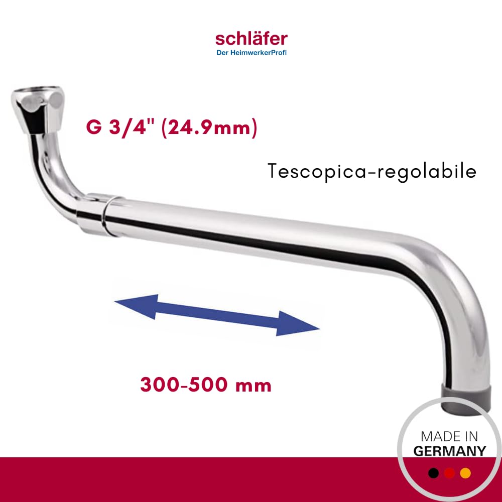 Schläfer 401010 | Caño extensible en S para grifo de pared - 300-500 mm - Caño en S con regulador de chorro Neoperl - Caño giratorio para batería de pared - Cubierta IG3/4 - Latón cromado
