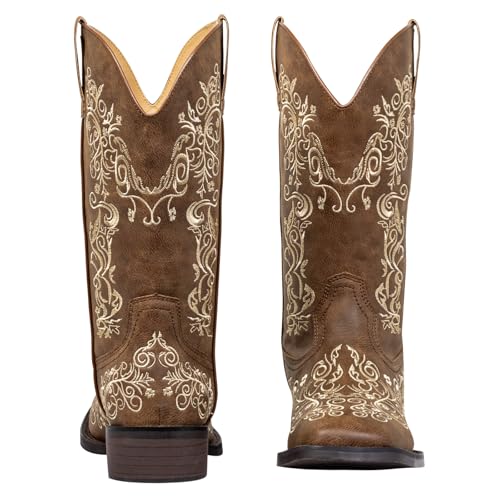 Image of SheSole Women Cowboy Boots Sparkle Western Cowgirl Boots for Ladies Rhinestone Wide Square Toe Mid Calf Floral Shoes