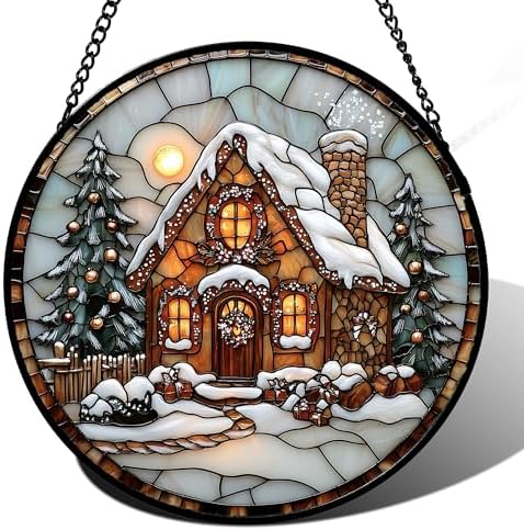 Christmas Cottage Stained Glass Window Hanging Decor Gifts for Wo...