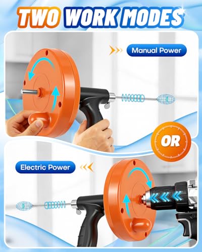 Maraiss Drain Auger, Plumbing Snake with Drill Adapter, 25 ft Flexible Drain Snake Clog Removal Tool Use Manually or Powered for Kitchen Bathroom Shower Sink, Come with Gloves and Cloth Bag