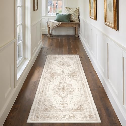 Runner Rug 2x6 Cream Hallway Washable Beige Carpet Non Slip Vintage Medallion Beige Carpet Low Pile Soft Distressed Retro Indoor Long Rug for Entryway Kitchen Bathroom Laundry Bedroom