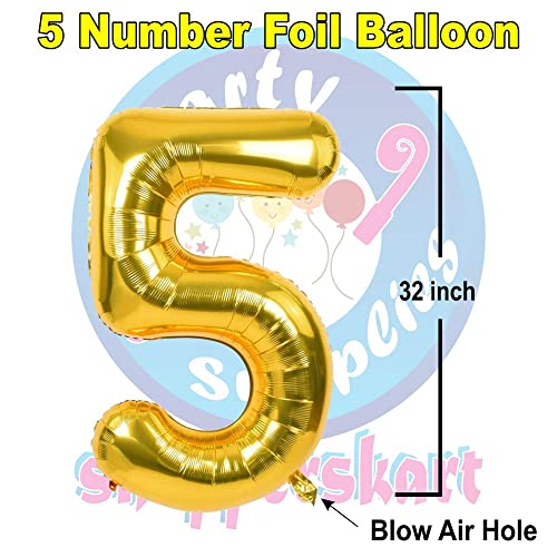 Image of Golden 32 Inches 5 Numbers Shape Large Big Foil Helium Balloons For Party Decorations In Happy Birthday Anniversary Office Items Materials Set Pack, Pack Of 1