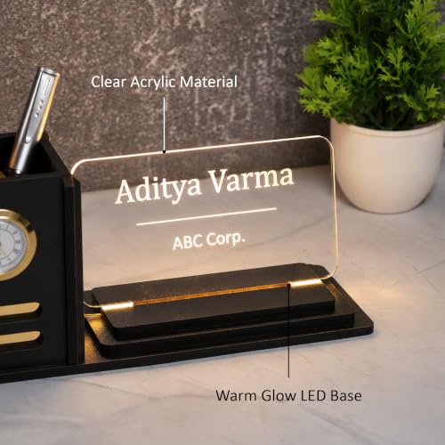 Image of Deskart Customized LED Name Plate Pen Stand with Clock for Office Desk | Wooden MDF Desk Organizer with Warm LED Acrylic Name Plate with Adapter