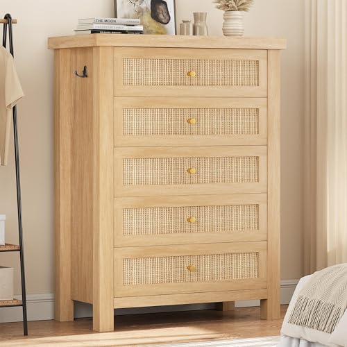 Image of Natural Rattan Dresser for Bedroom with 5 Drawers, Wood Boho Chest of Drawers with Gold Metal Handle, Matte Top Bedroom Tall Dresser with Large Drawers for Living Room, Closet, Hallway, (Nartual)