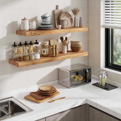 Acovy Floating Shelves, 8\" Deep Rustic Solid Elm Wood Wall Mounted Floating Shelves, Wall Shelves with Invisible Bracket for Living Room Bathroom Bedroom Kitchen, 36 Inch Set of 2, Natural - Thumbnail 7
