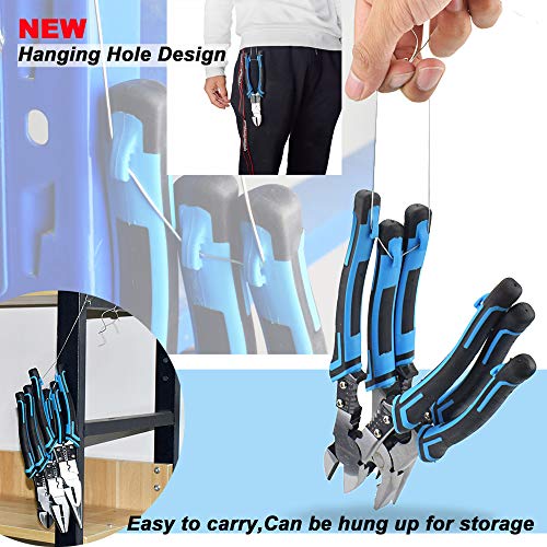 NEWACALOX Multi Pliers Set (Industrial Linemans Side Cutting Needle Nose Plier with Wire Stripper Crimper Function, Heavy Duty pliers Blue)