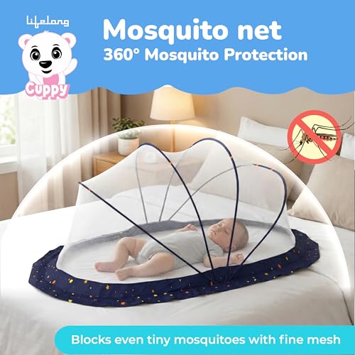 Image of Lifelong Cuppy Baby Mosquito Net for Kids 0-2 Years | Foldable & Bottomless with Soft Breathable Mesh | Lightweight, Portable & Sturdy Umbrella Net for Kids 90x60x45 cm (Blue, LLCMNK02)