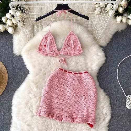 Womens Summer Crochet Halter Crop Tops Boho Bikini Skirt 2 Piece Sets Swimsuit Cute Strawberry Beach Vacation Outfits4