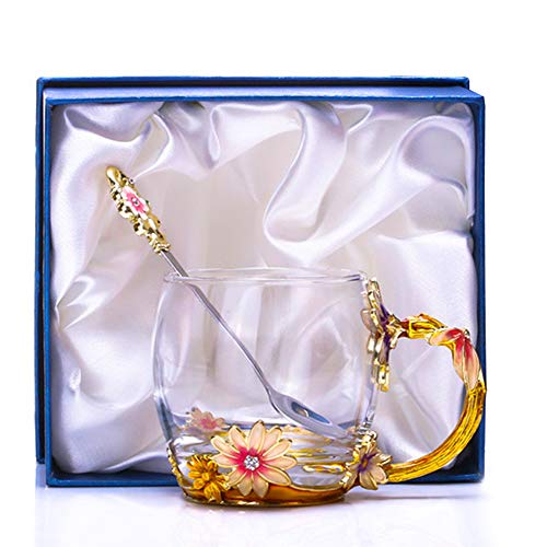 Tea Cup Glass Coffee Mugs Enamel Daisy Flower Drinking Cups with Spoon Set Unique Gifts for Birthday Wedding Christmas Mug 12oz