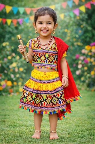Image of PK HUB Kids Ethnic Radha Dress Lehenga Choli | Chania Choli Set | Janmashtami Mythological | Dandiya Dance Costume | Rajasthani ethinic style For Baby Girls