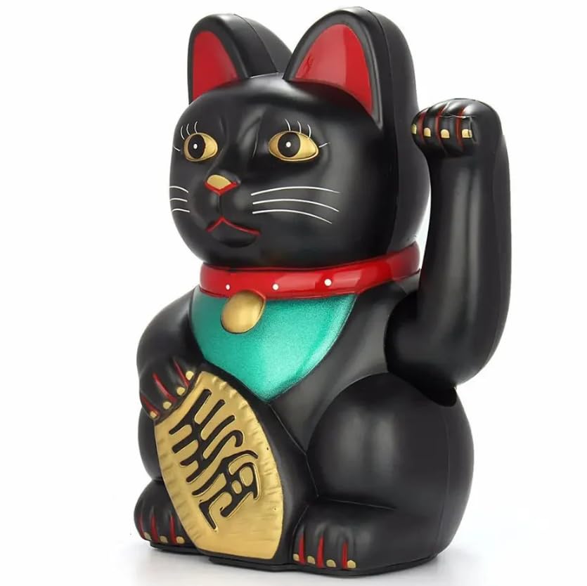 THP DEALS Lucky Waving Cat, Japanese Waving Cat Large Gold Waving Hand Paw Up Wealth Prosperity Welcoming Cat Good Luck Feng Shui Decoration, for Fortune Luck Wealth Prosperity (Black)