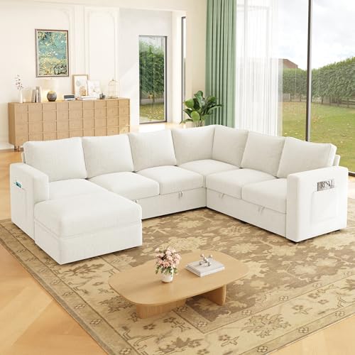 Image of 83.5 inch Sectional Sleeper Sofa with Pull Out Couch, Modern 5 Seat L Shaped Modular Couch, Sectionals Modular Sofa with Storage, Comfy Sectional Couches for Living Room & Apartment,Light Beige