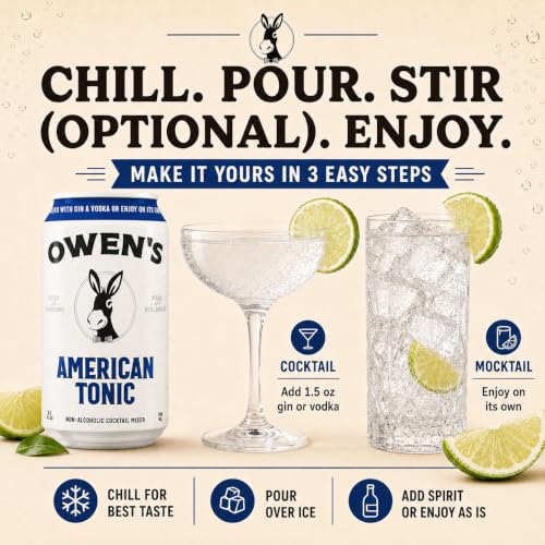 Image of Owen's Premium Non-Alcoholic Sparkling Cocktail and Mocktail Mixer, Drink Mixer for Cocktails, Mocktails, and Party Beverage, 24 Pack of 8.2 fl oz Cans (American Tonic)
