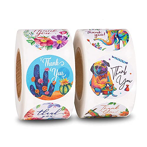 1000 pegatinas de agradecimiento con flores de animales, etiquetas adhesivas para la decoración y el cierre de sobres, papel de regalo, cumpleaños, baby shower, boda, fiesta (2 rollos) Cover