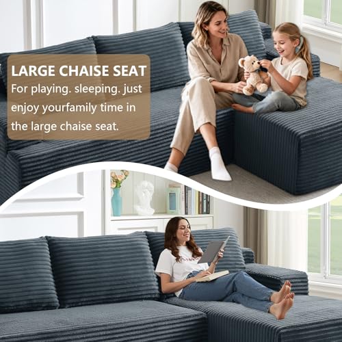 Image of 96.1 inch Modular Sectional Sofa Couches L-Shape Couch 3 Seat Modular Sofa Corduroy Memory Foam Sectional Boneless Couches for Living Room, Cloud Couch with Oversized Chaise(Dark Gray, Right Facing)