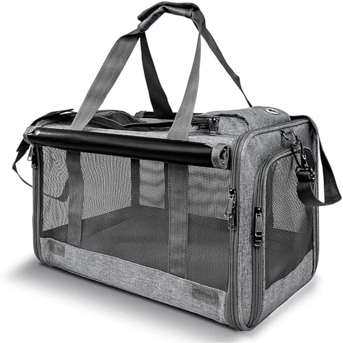 Bolsa Transporte Pet Ventilação Alça e Tapete Removível Bolsa Transporte Gato Dobrável para Viagem Avião Carro Caixa Transporte Cachorros Impermeável Cães Gatos Pequeno Médio Porte,Cinza