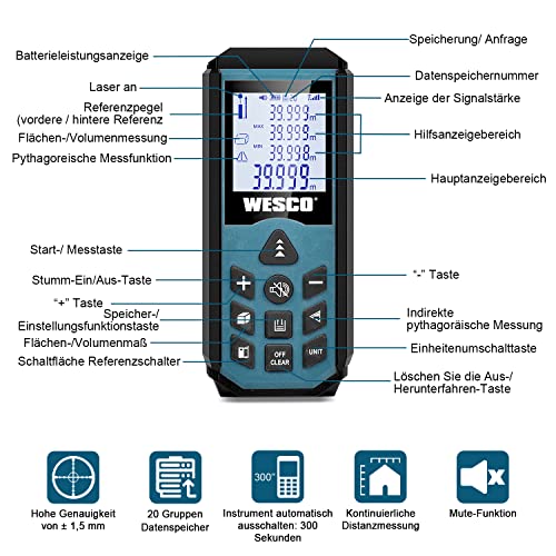 Foto von WESCO Laser Entfernungsmesser, Messbereich 0.03~40m/±1.5mm, 20 Datenspeicherfunktion, Mehreren Messmodi Wie Fläche/Volumen/Pythagoreische, Lasermessgerät mit LCD Hintergrundbeleuchtung, IP54