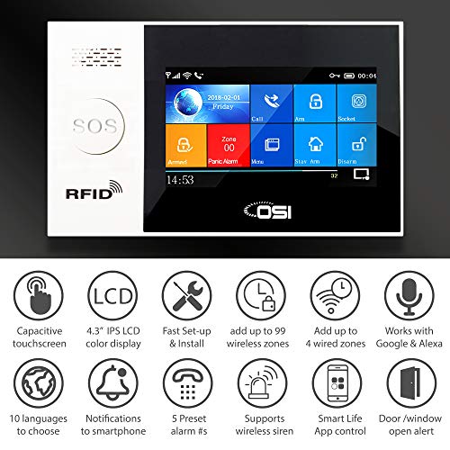 【OSI Wireless WiFi Smart Home Security DIY Alarm System - 8 Piece】 DIY Home Wi-Fi Alarm Kit with Motion Detector,Notifications with app,Door/Window Sensor, Siren,Compatible with Alexa,NO Monthly Fees