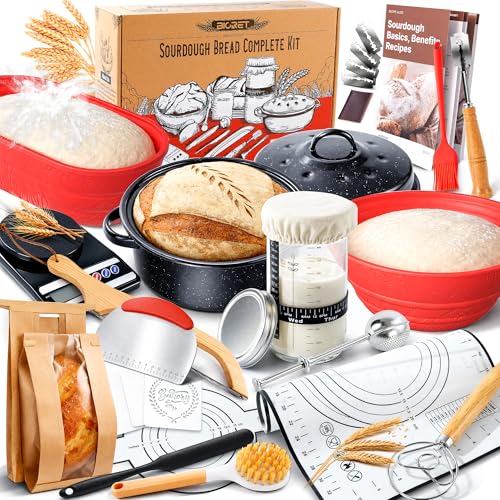 Image of Sourdough Starter Kit for Beginners, 34 oz Starter Jar with Scale Marking, 2 Silicone Proofing Baskets, Complete Bread Baking Kit with Guide & Recipes, Easy to Use & Clean - Red